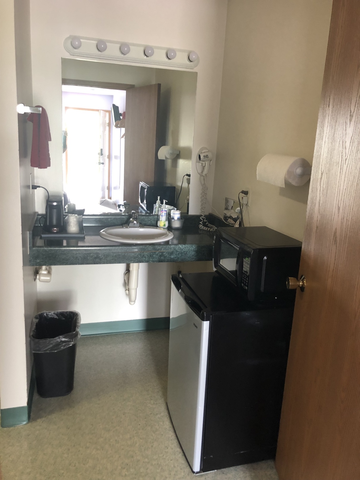 In-room vanity area with mini fridge and microwave